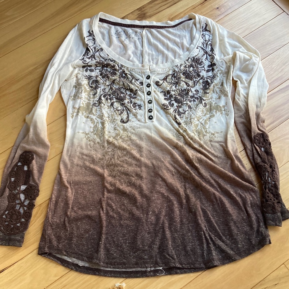 Bohemian Long Sleeve Crochet Comfy Top size Xl Embellished